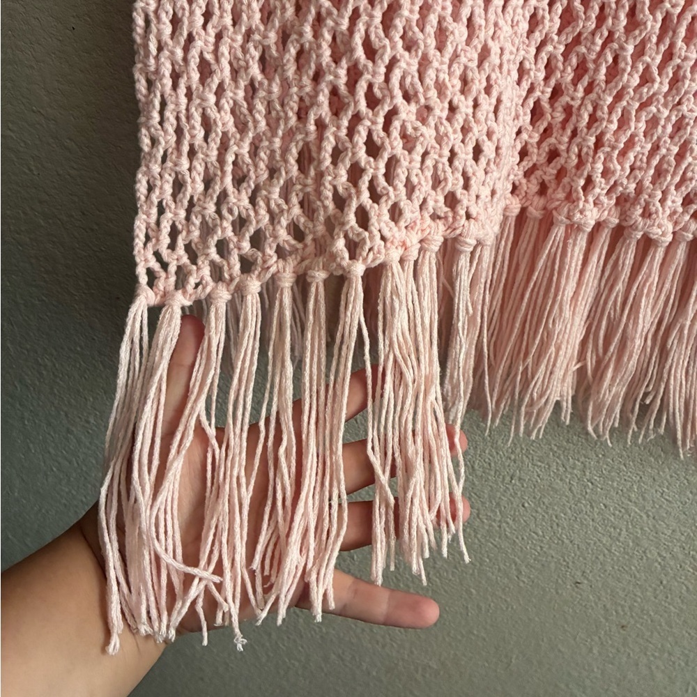Pink Fringe Knit Sweater Poncho OS - Picture 8 of 8